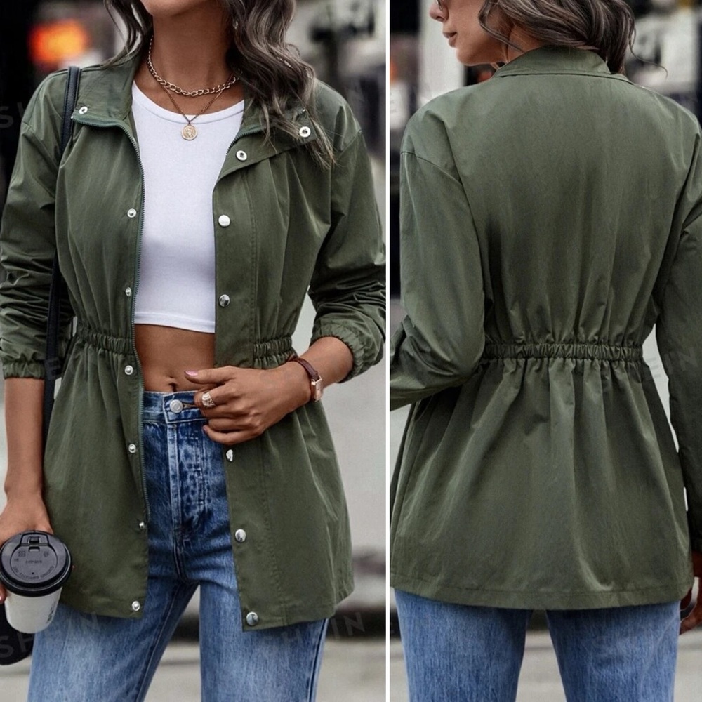 Flattering Lightweight Elastic Waist Snap Button Front Jacket-Army Green -Size M